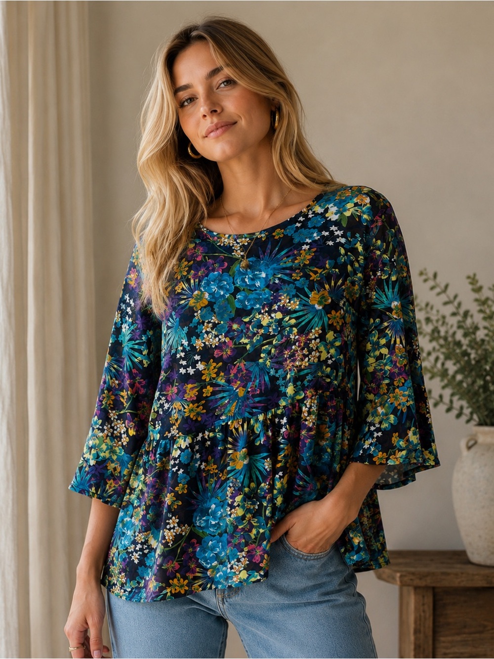 Farm Rio Floral Peplum Blouse Tropical Boho Bell Sleeve Top *flawed* Medium